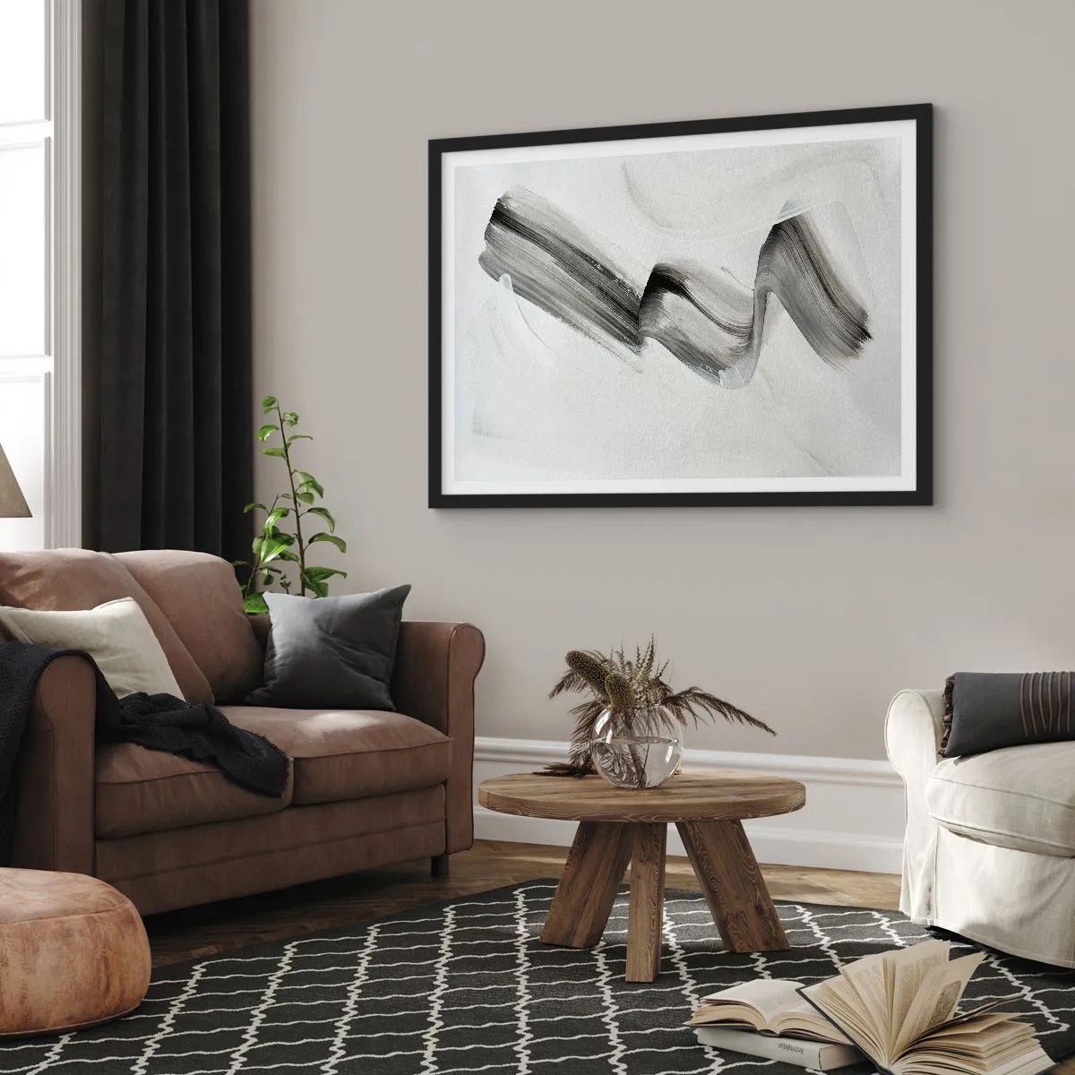 Póster en marco negro - Pincelada abstracta en blanco y negro sobre un fondo claro - 70x50cm - Solo por diversión - Decoración de pared moderna para salón y dormitorio ARTTOR