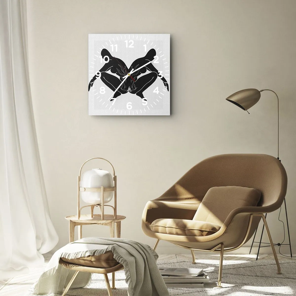 Reloj de pared - Reloj de vidrio - Siluetas negras en posición simétrica sobre un fondo blanco. - 30x30cm - Un alma compartida - Decoración de pared moderna para salón y dormitorio ARTTOR