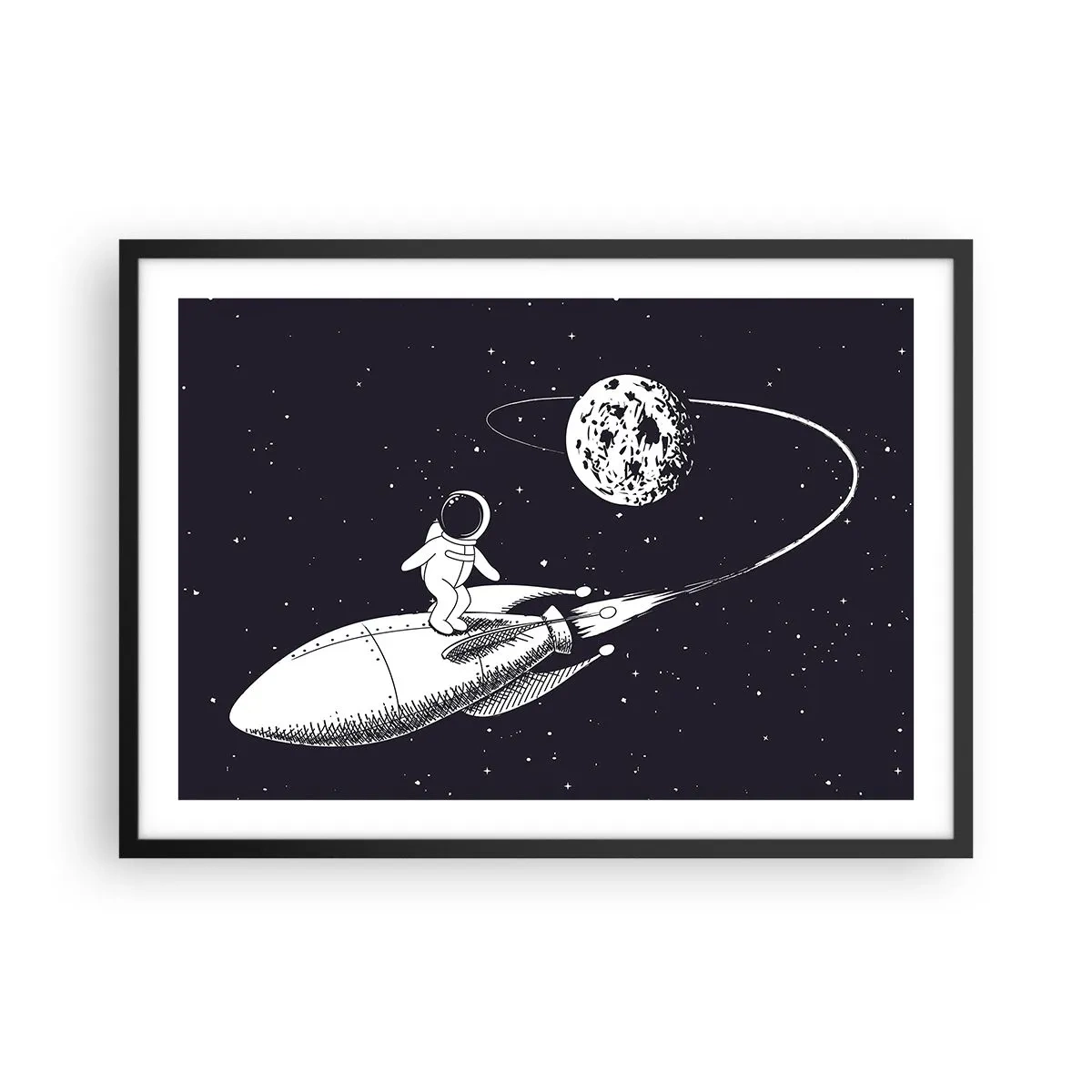 Póster en marco negro - Astronauta en un cohete en el espacio - 70x50cm - Surfista espacial - Decoración de pared moderna para salón y dormitorio ARTTOR