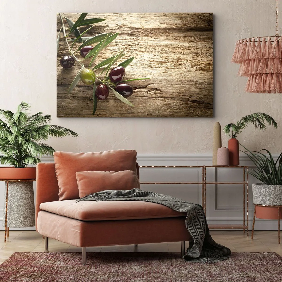 Cuadro sobre lienzo - Impresión de Imagen - Rama de olivo con fruta sobre un fondo de madera envejecida - 120x80cm - Directamente de la naturaleza - Decoración de pared moderna para salón y dormitorio ARTTOR