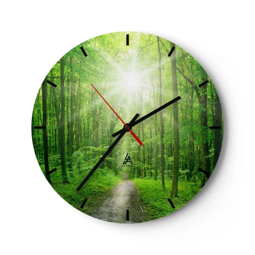 Reloj de pared - Reloj de vidrio - Un camino forestal iluminado por los rayos del sol. - 30x30cm - Catedral verde - Decoración de pared moderna para salón, cocina y dormitorio ARTTOR