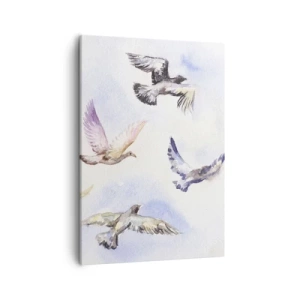 Cuadro sobre lienzo - Impresión de Imagen - Pájaros de acuarela en vuelo contra un cielo delicado. - 50x70cm - Libertad en gris y azul - Decoración de pared moderna para salón y dormitorio ARTTOR