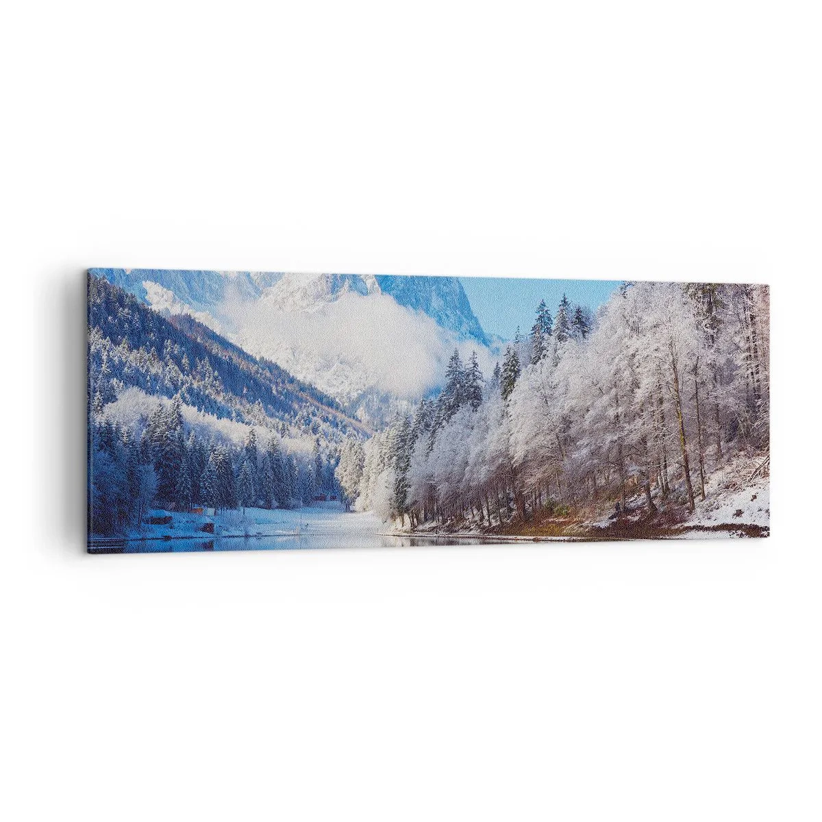 Cuadro sobre lienzo - Impresión de Imagen - Paisaje invernal de montaña con árboles cubiertos de nieve y un lago. - 140x50cm - Guardia de nieve - Decoración de pared moderna para salón y dormitorio ARTTOR