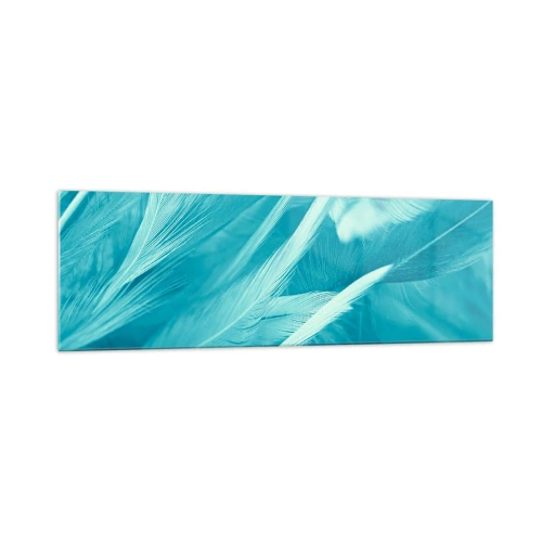 Cuadro sobre vidrio - Impresiones sobre Vidrio - Delicadas plumas turquesas en primer plano - 160x50cm - Un manto real  - Decoración de pared moderna para salón y dormitorio ARTTOR