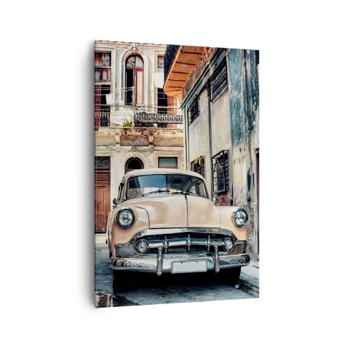 Cuadro sobre lienzo - Impresión de Imagen - Un coche clásico con la arquitectura urbana como telón de fondo - 70x100cm - Siesta en La Habana - Decoración de pared moderna para salón y dormitorio ARTTOR