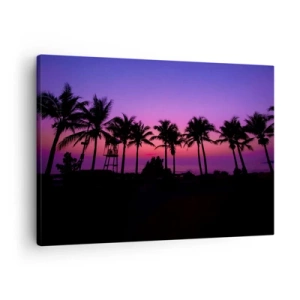 Cuadro sobre lienzo - Impresión de Imagen - Siluetas de palmeras contra un cielo de atardecer de color rosa y morado - 70x50cm - Atardecer bajo las palmeras - Decoración de pared moderna para salón y dormitorio ARTTOR