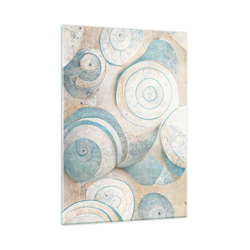 Cuadro sobre vidrio - Impresiones sobre Vidrio - Conchas en una paleta azul y beige sobre un fondo estructurado. - 50x70cm - ¿Qué esconden en su interior? - Decoración de pared moderna para salón y dormitorio ARTTOR