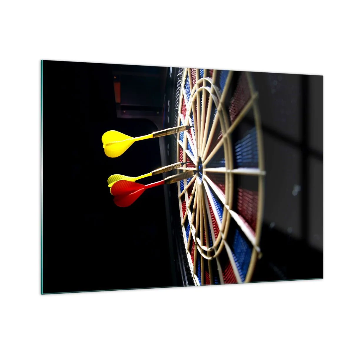 Cuadro sobre vidrio - Impresiones sobre Vidrio - Dardos que impactan en un objetivo en un entorno oscuro. - 100x70cm - En el blanco - Decoración de pared moderna para salón y dormitorio ARTTOR