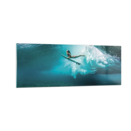 Cuadro sobre vidrio - Impresiones sobre Vidrio - Surfista bajo una ola en el agua azul del océano - 140x50cm - Mundo submarino - Decoración de pared moderna para salón y dormitorio ARTTOR