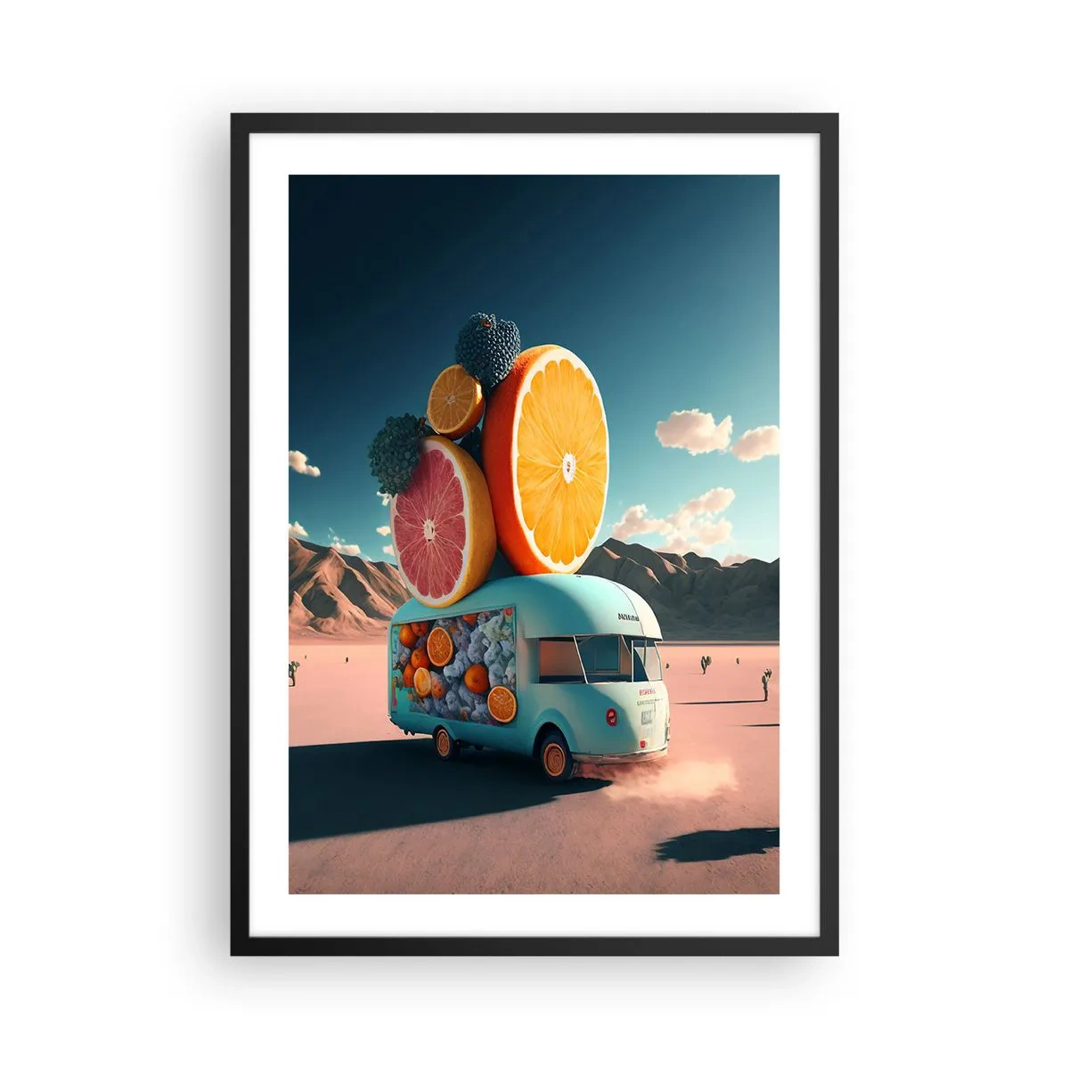 Póster en marco negro - Camión de frutas de lujo en el desierto - 50x70cm - Un sabor a vacaciones - Decoración de pared moderna para salón y dormitorio ARTTOR