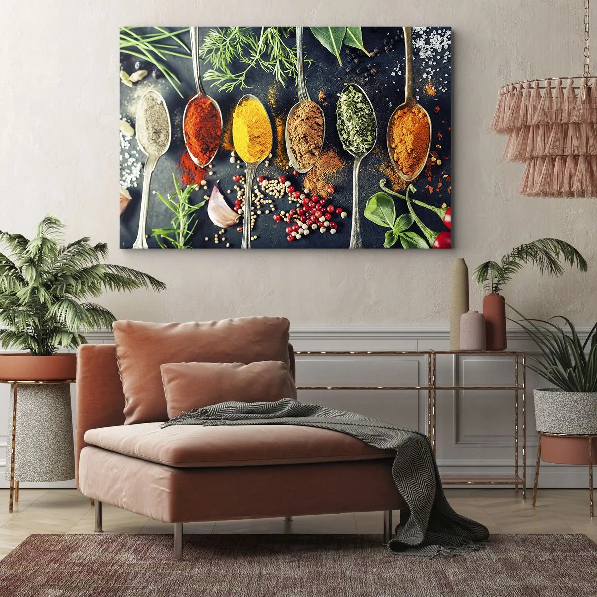 Cuadro sobre lienzo - Impresión de Imagen - Especias coloridas en cucharas con hierbas en el fondo. - 70x50cm - Magia culinaria - Decoración de pared moderna para salón y dormitorio ARTTOR
