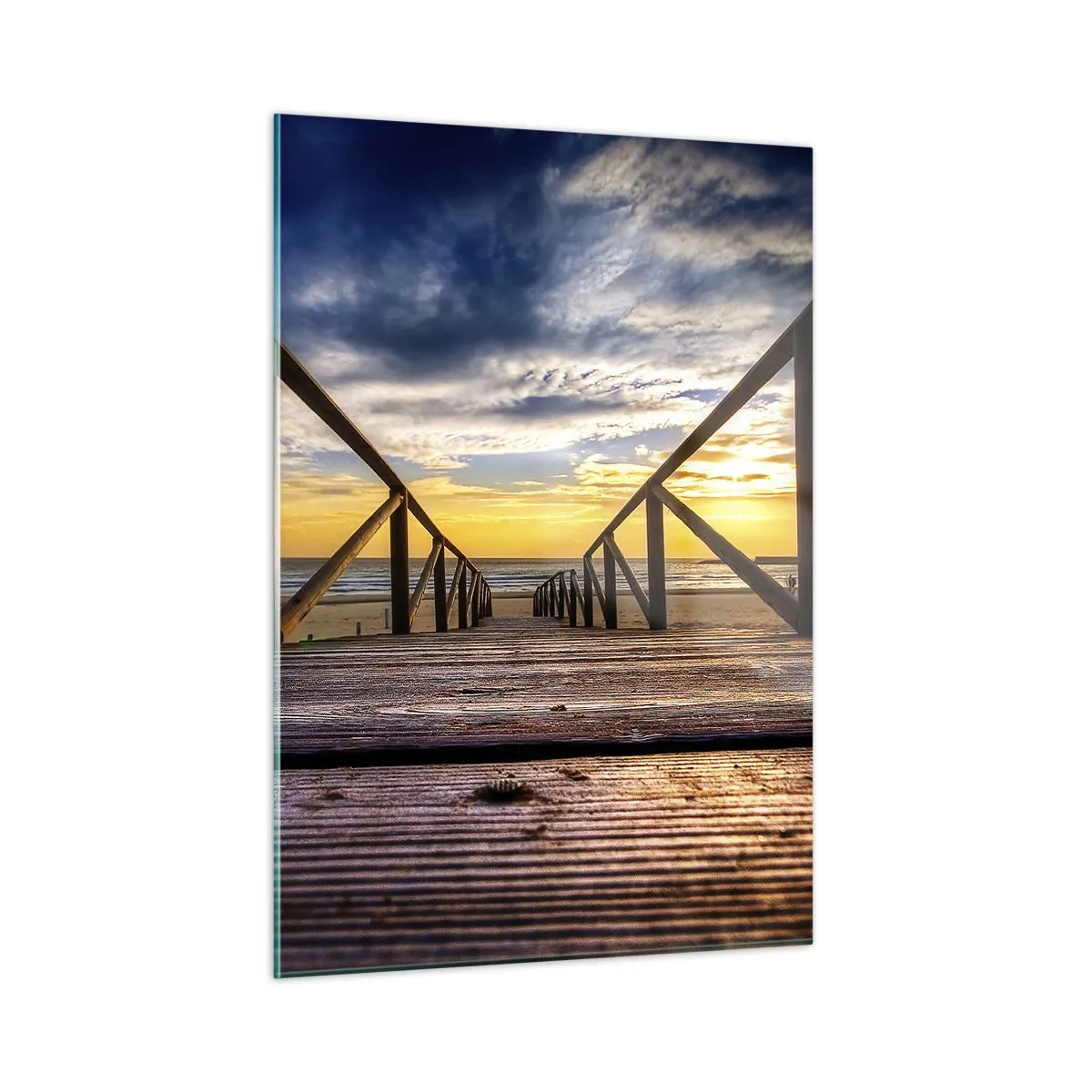 Cuadro sobre vidrio - Impresiones sobre Vidrio - Muelle que conduce a la playa al atardecer - 50x70cm - Directamente hacia una playa tranquila al atardecer - Decoración de pared moderna para salón y dormitorio ARTTOR