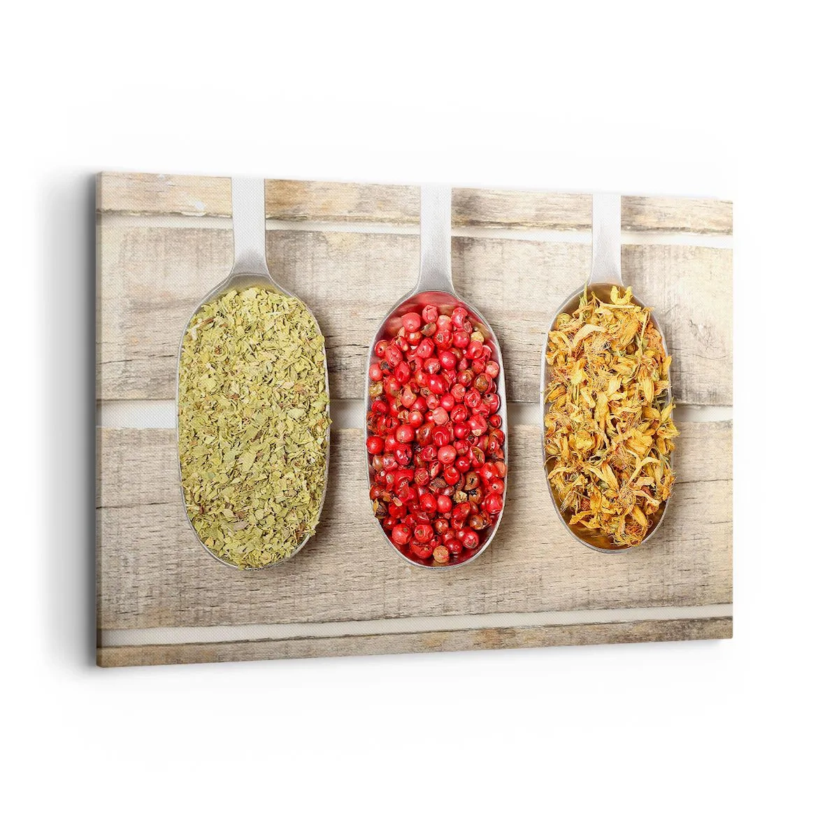 Cuadro sobre lienzo - Impresión de Imagen - Tres cucharas de metal con especias sobre un fondo de madera. - 120x80cm - La magia de la cocina - Decoración de pared moderna para salón y dormitorio ARTTOR