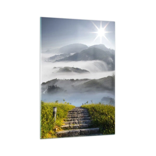 Cuadro sobre vidrio - Impresiones sobre Vidrio - Escaleras de piedra que suben a través de las montañas envueltas en la niebla matutina. - 70x100cm - Todavía en las nubes - Decoración de pared moderna para salón y dormitorio ARTTOR