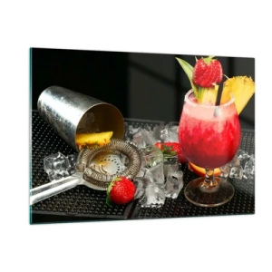Cuadro sobre vidrio - Impresiones sobre Vidrio - Una bebida colorida con fruta y una coctelera con hielo. - 120x80cm - Conjurar el sabor - Decoración de pared moderna para salón y dormitorio ARTTOR