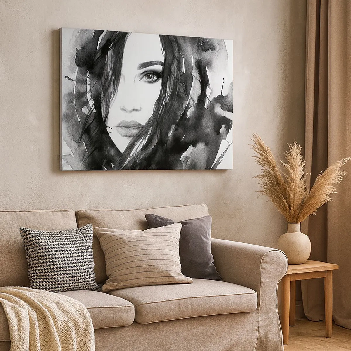 Cuadro sobre lienzo - Impresión de Imagen - Retrato de una mujer en acuarela en blanco y negro - 70x50cm - Retrato de una dama en blanco y negro - Decoración de pared moderna para salón y dormitorio ARTTOR