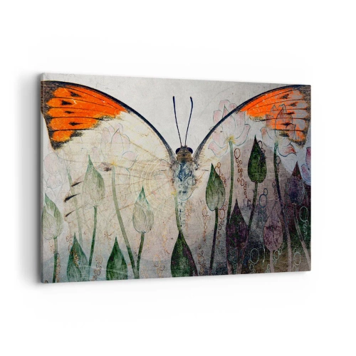 Cuadro sobre lienzo - Impresión de Imagen - Una mariposa con alas naranjas sobre un fondo de flores estilizadas. - 100x70cm - Donde la mariposa se mece en la hierba - Decoración de pared moderna para salón y dormitorio ARTTOR