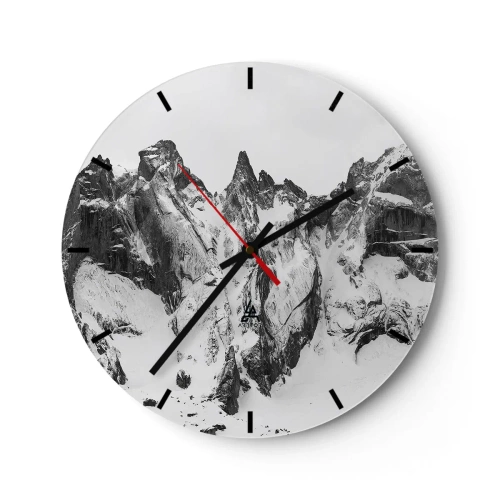 Reloj de pared - Reloj de vidrio - Picos de montañas nevados en blanco y negro - 30x30cm - Cresta amenazante - Decoración de pared moderna para salón, cocina y dormitorio ARTTOR