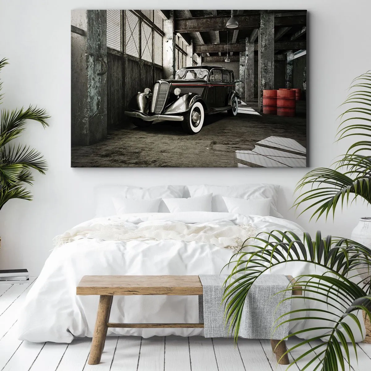 Cuadro sobre lienzo - Impresión de Imagen - Un elegante coche retro en un almacén rústico - 70x50cm - La elegancia perdurable de los años 30. - Decoración de pared moderna para salón y dormitorio ARTTOR