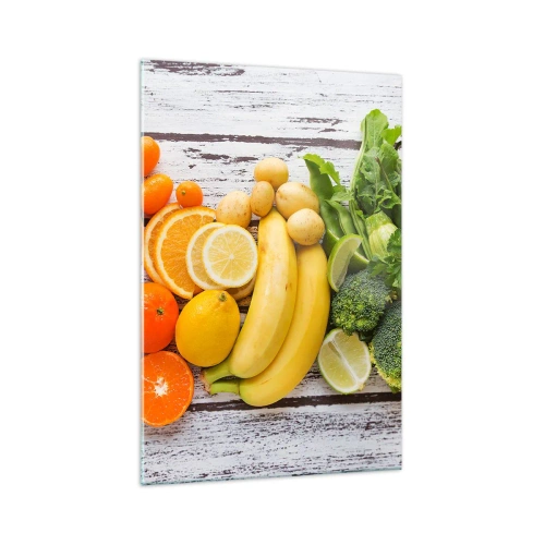 Cuadro sobre vidrio - Impresiones sobre Vidrio - Frutas y verduras coloridas sobre un fondo de madera - 70x100cm - ¿No es suficiente? - Decoración de pared moderna para salón y dormitorio ARTTOR