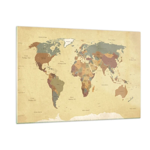 Cuadro sobre vidrio - Impresiones sobre Vidrio - Un mapa del mundo en tonos beige y marrón sobre un fondo vintage. - 120x80cm - Para ti, el mundo entero - Decoración de pared moderna para salón y dormitorio ARTTOR