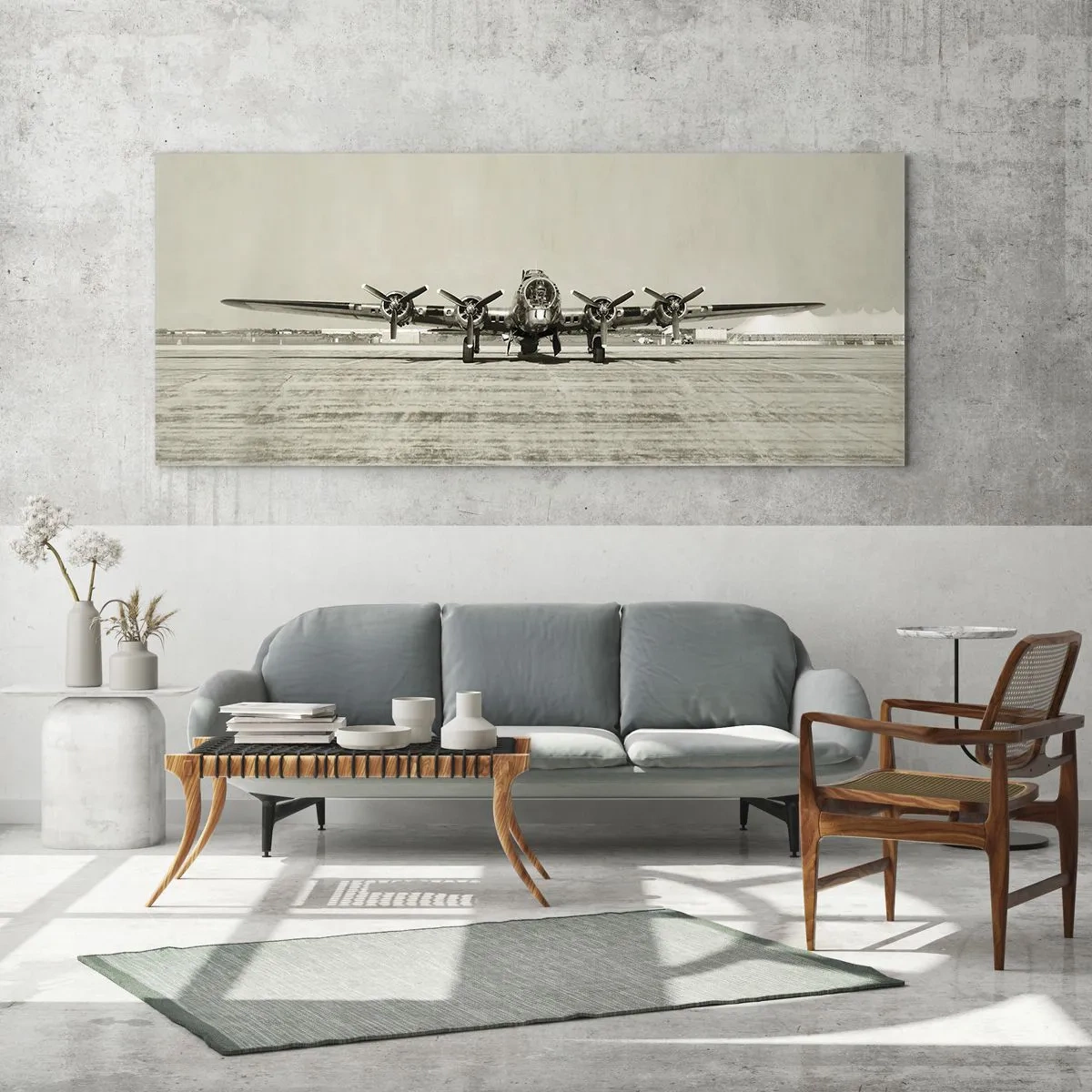 Cuadro sobre vidrio - Impresiones sobre Vidrio - Avión histórico en el aeropuerto en sepia - 160x50cm - Como siempre, preparado - Decoración de pared moderna para salón y dormitorio ARTTOR