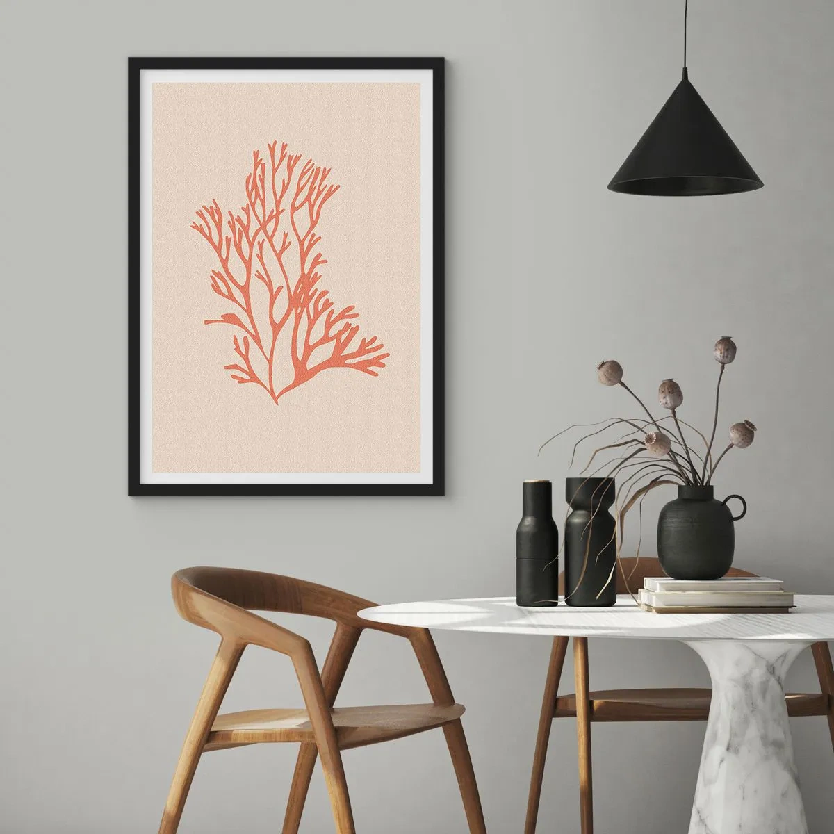 Póster en marco negro - Una delicada ilustración de coral sobre un fondo claro. - 50x70cm - Filigrana de coral - Decoración de pared moderna para salón y dormitorio ARTTOR