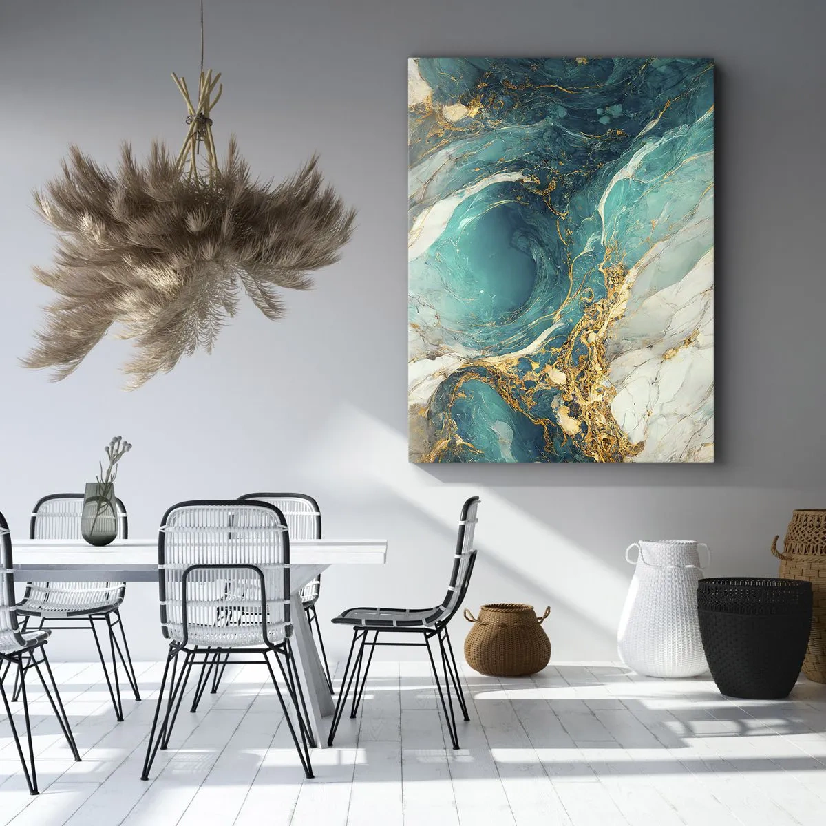 Cuadro sobre lienzo - Impresión de Imagen - Una composición abstracta en tonos turquesa y dorado. - 50x70cm - Composición con vetas de oro - Decoración de pared moderna para salón y dormitorio ARTTOR