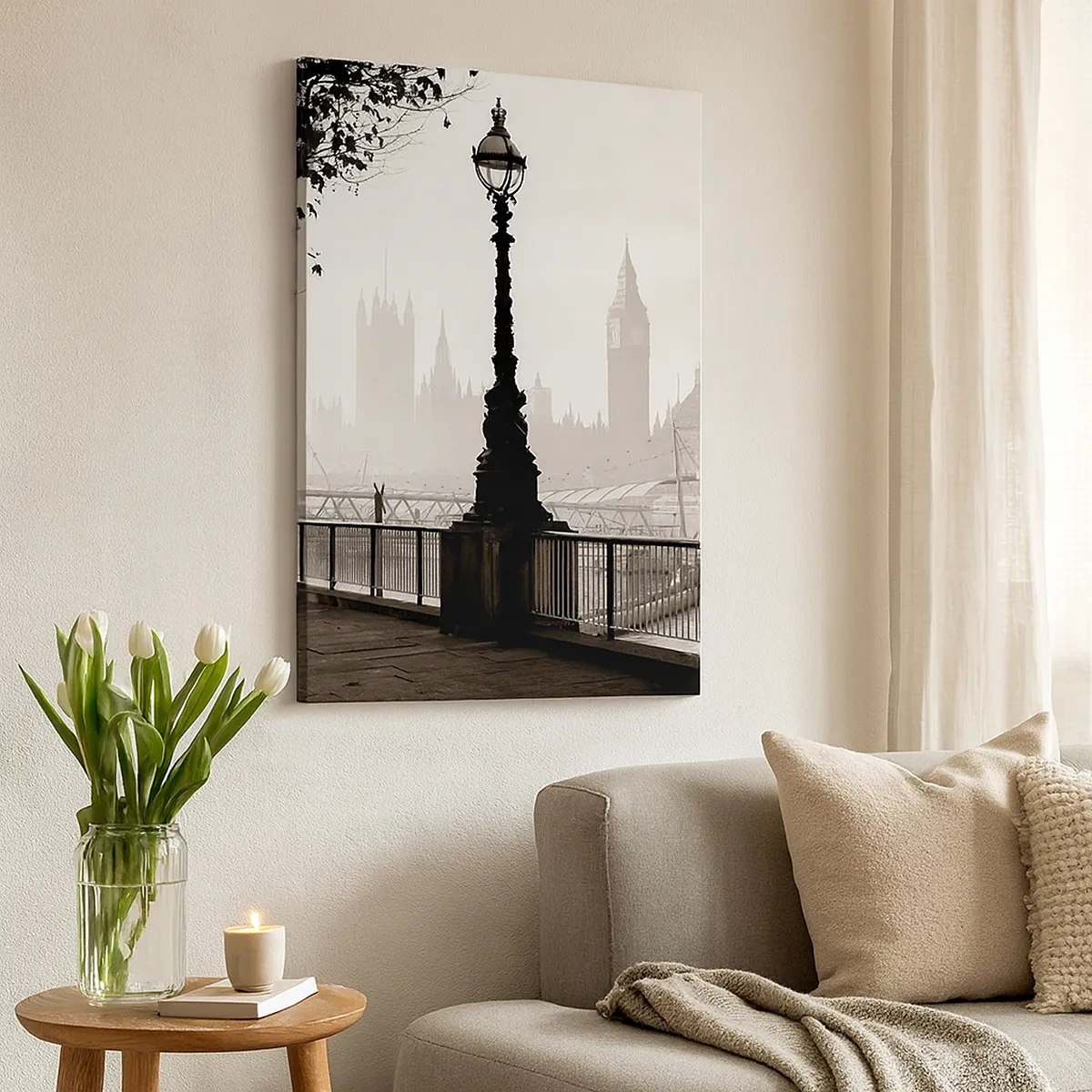Cuadro sobre lienzo - Impresión de Imagen - Una vista monocromática del Big Ben y el Támesis. - 50x70cm - La mañana de Londres - Decoración de pared moderna para salón y dormitorio ARTTOR
