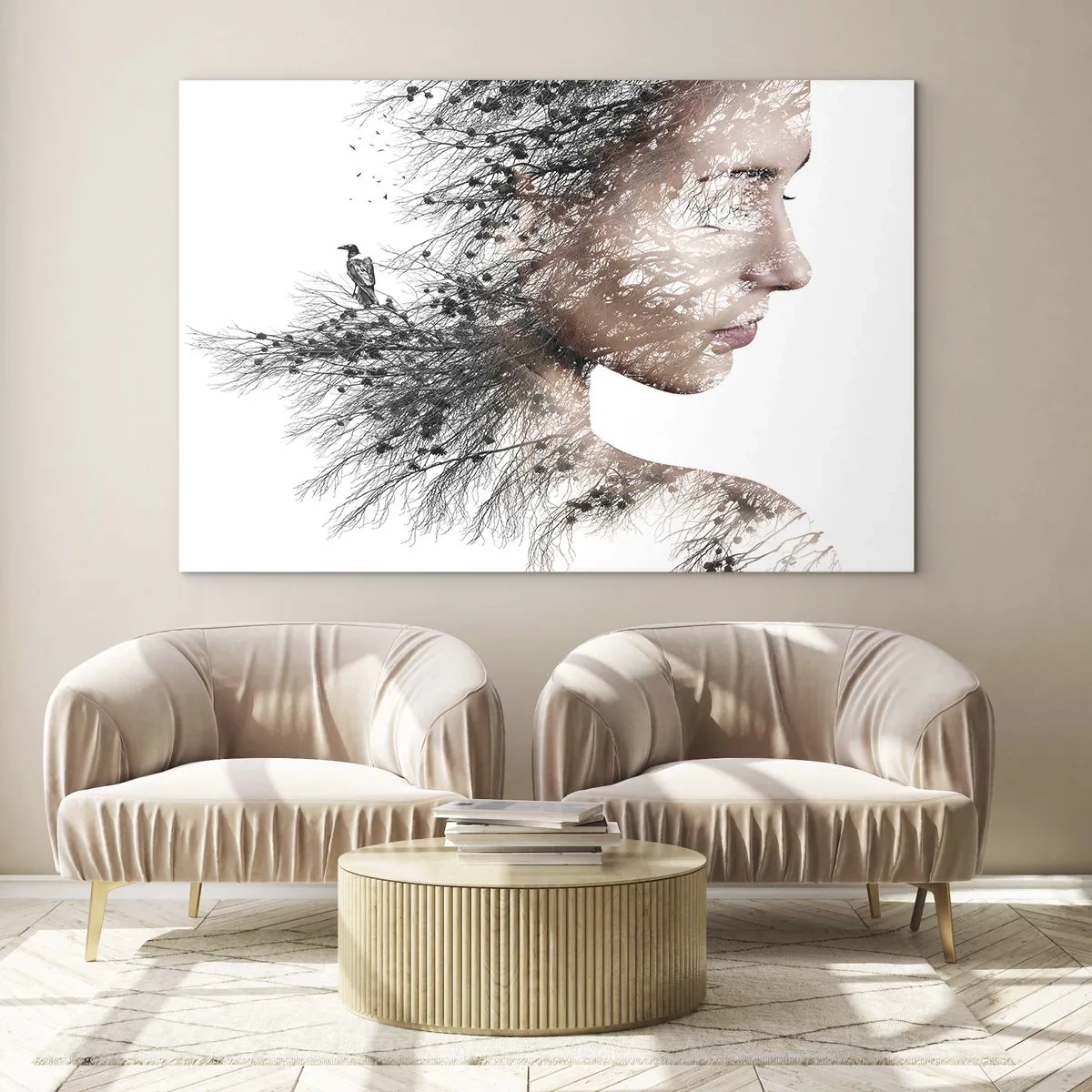 Cuadro sobre vidrio - Impresiones sobre Vidrio - Retrato de una mujer con ramas al fondo - 120x80cm - Espíritu del bosque - Decoración de pared moderna para salón y dormitorio ARTTOR