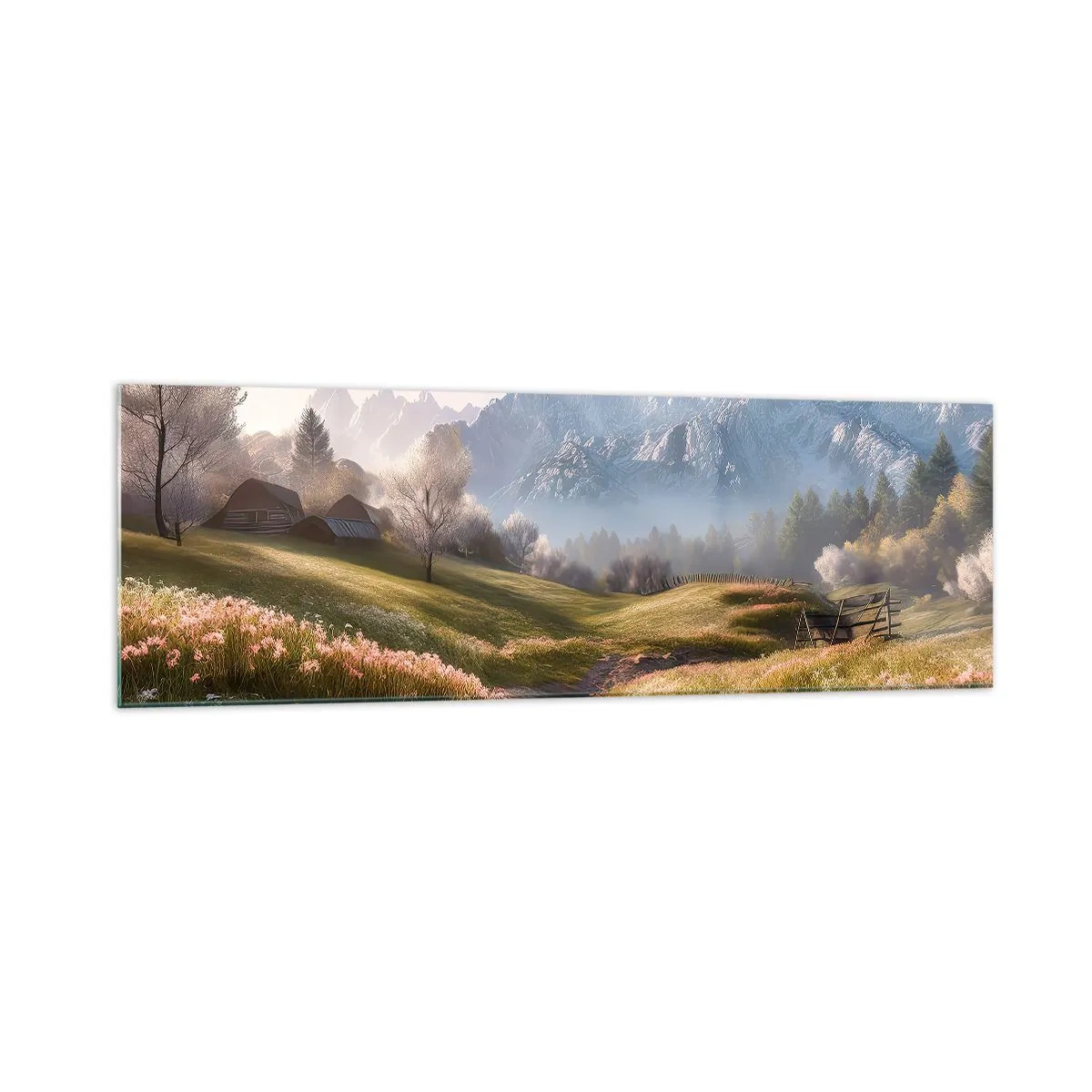 Cuadro sobre vidrio - Impresiones sobre Vidrio - Un valle de montaña con prados, cabañas y vistas a los picos. - 160x50cm - Valle idílico - Decoración de pared moderna para salón y dormitorio ARTTOR