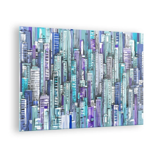 Cuadro sobre vidrio - Impresiones sobre Vidrio - Ilustración de una ciudad llena de rascacielos en tonos fríos. - 70x50cm - Azul del cielo - Decoración de pared moderna para salón y dormitorio ARTTOR