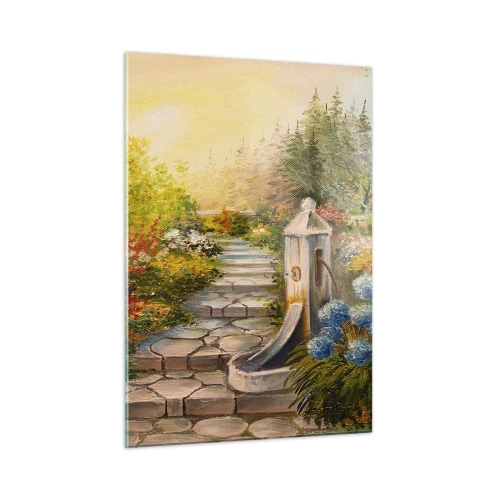 Cuadro sobre vidrio - Impresiones sobre Vidrio - Un jardín de flores con una fuente en plena floración. - 50x70cm - En plena floración - Decoración de pared moderna para salón y dormitorio ARTTOR