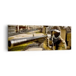 Cuadro sobre lienzo - Impresión de Imagen - Un jugador de paintball con equipo de camuflaje apuntando con un marcador. - 140x50cm - Y puedes ser un héroe - Decoración de pared moderna para salón y dormitorio ARTTOR