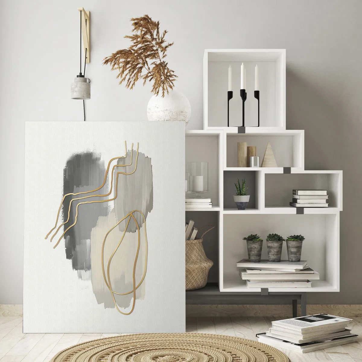 Cuadro sobre vidrio - Impresiones sobre Vidrio - Abstracción con manchas grises y líneas doradas sobre un fondo claro. - 50x70cm - Persistencia y movimiento - Decoración de pared moderna para salón y dormitorio ARTTOR