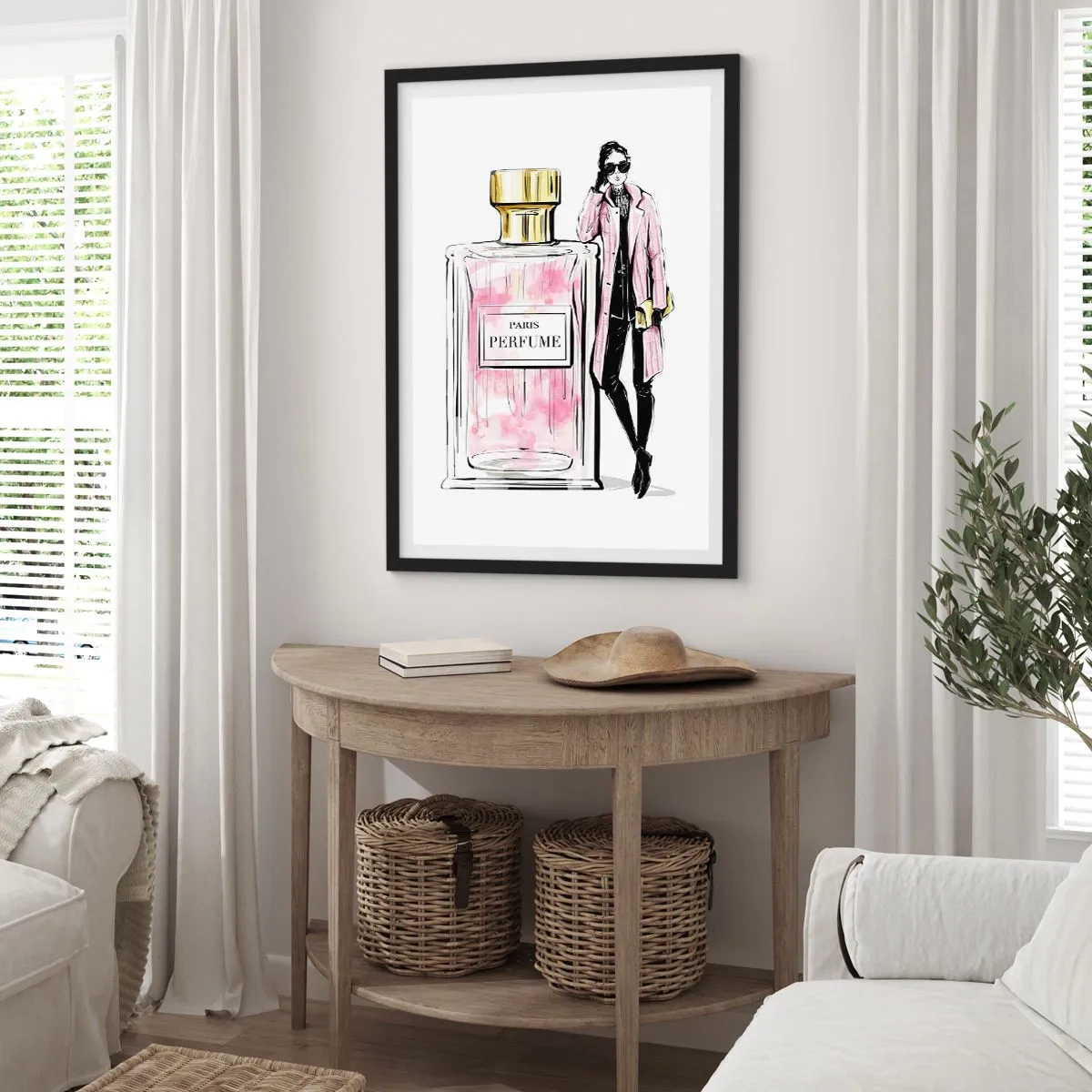 Póster en marco negro - Un elegante frasco de perfume con la silueta de una mujer con estilo. - 50x70cm - La sensualidad parisina - Decoración de pared moderna para salón y dormitorio ARTTOR