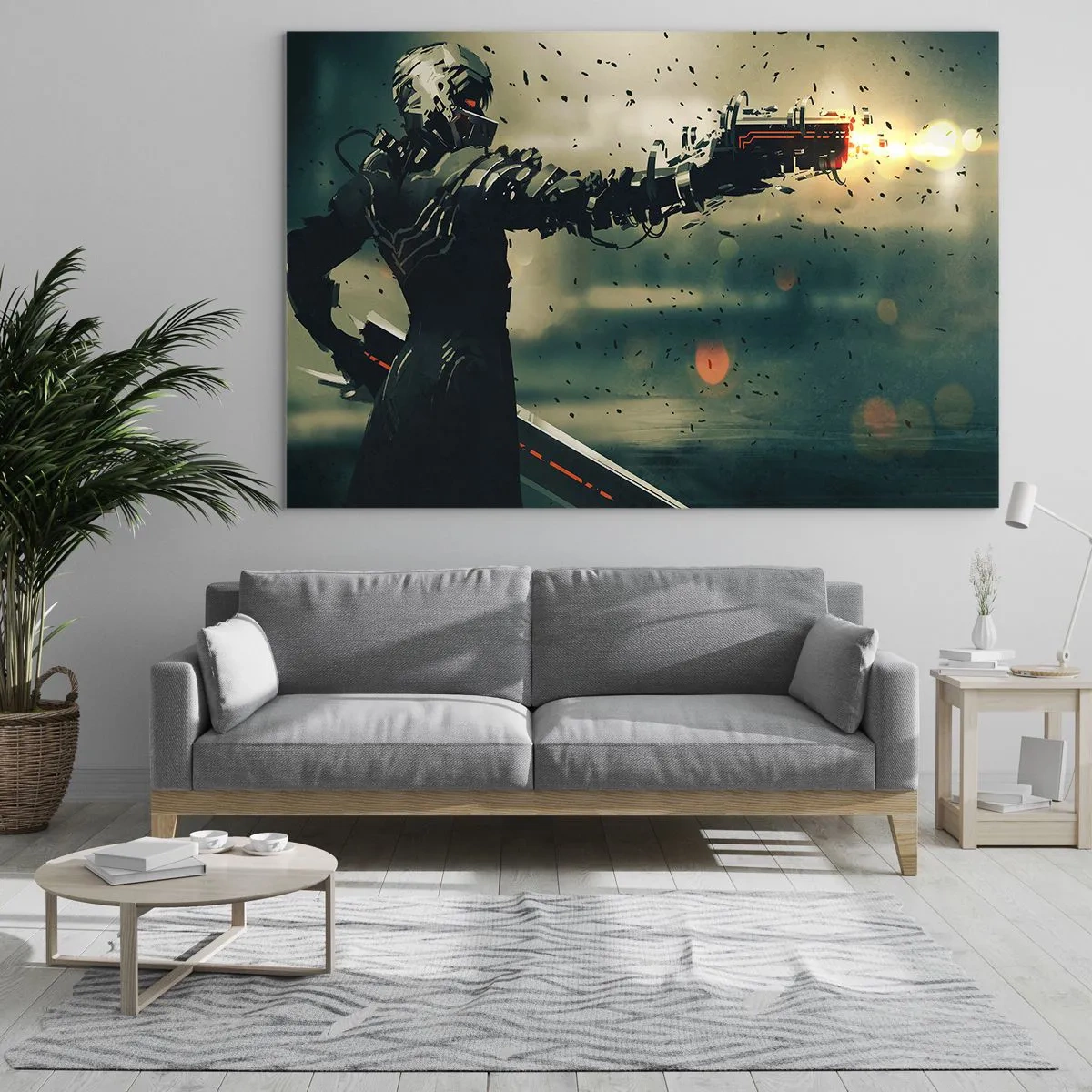 Cuadro sobre vidrio - Impresiones sobre Vidrio - Un guerrero cibernético de estilo futurista con armas de energía. - 100x70cm - Arma letal: tu propio Terminator - Decoración de pared moderna para salón y dormitorio ARTTOR