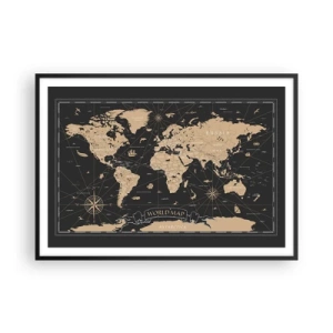 Póster en marco negro - Un mapa del mundo estilizado sobre un fondo negro con acentos beige. - 100x70cm - Las fronteras de mi mundo - Decoración de pared moderna para salón y dormitorio ARTTOR