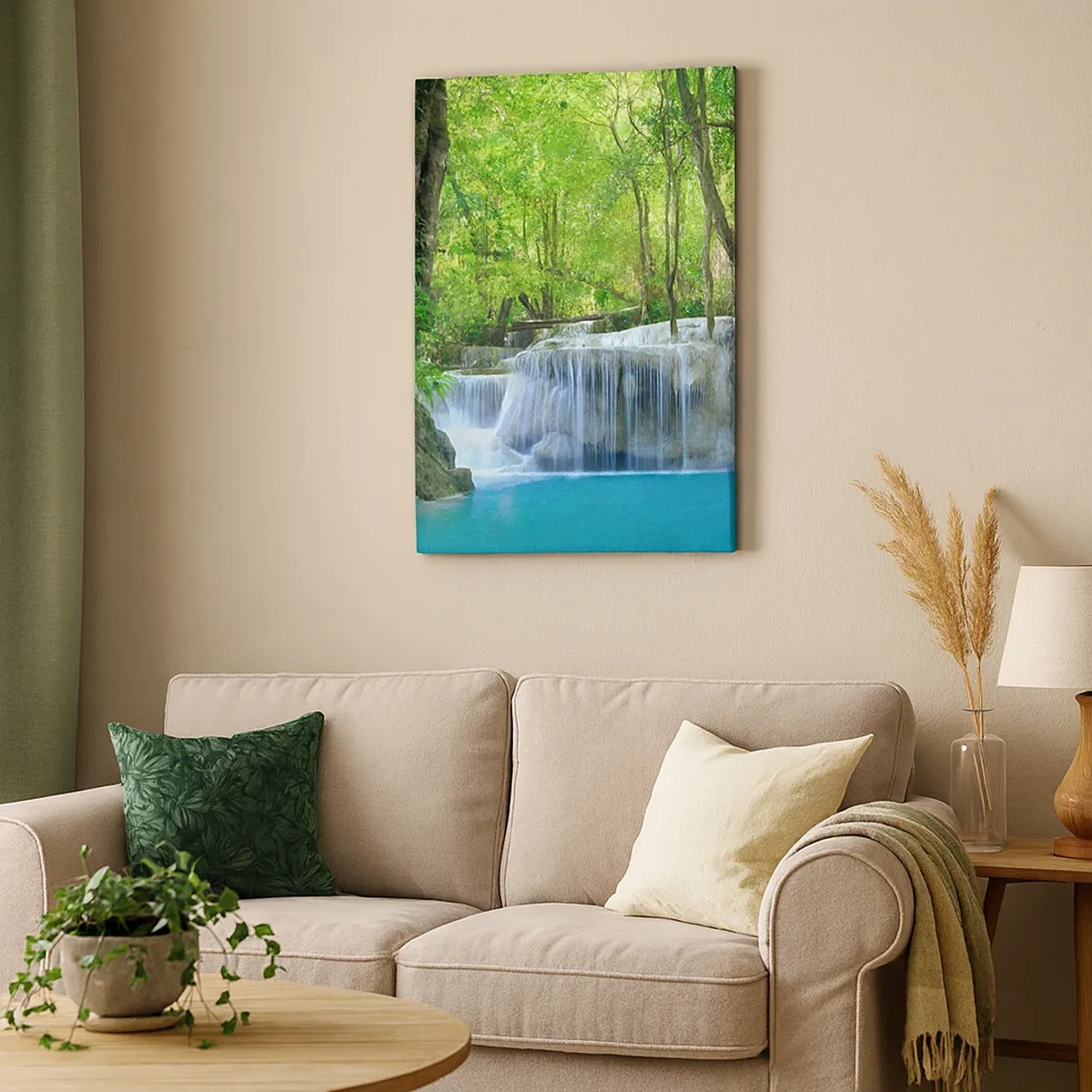 Cuadro sobre lienzo - Impresión de Imagen - Una cascada entre árboles verdes con agua azul en un entorno natural. - 50x70cm - Ahogarse en turquesa y verde - Decoración de pared moderna para salón y dormitorio ARTTOR