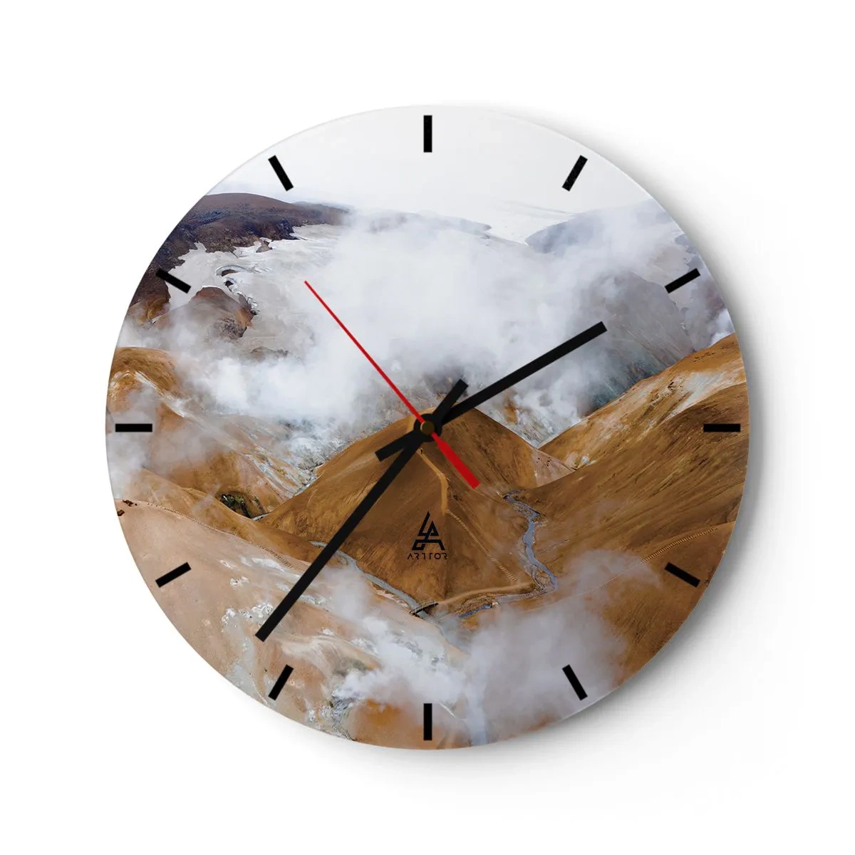 Reloj de pared - Reloj de vidrio - Paisaje montañoso de Islandia con nieblas suspendidas sobre el valle. - 30x30cm - La dura belleza de Islandia - Decoración de pared moderna para salón, cocina y dormitorio ARTTOR
