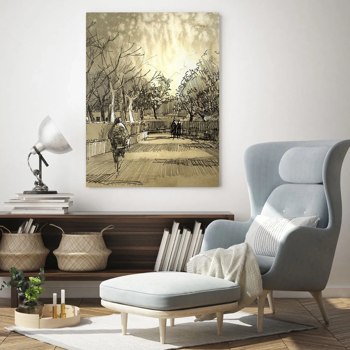 Cuadro sobre vidrio - Impresiones sobre Vidrio - Un dibujo de un parque con senderos y gente caminando. - 50x70cm - Un momento hecho a pluma - Decoración de pared moderna para salón y dormitorio ARTTOR