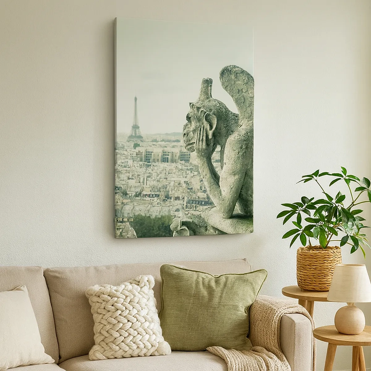 Cuadro sobre lienzo - Impresión de Imagen - Gárgolas con vistas al horizonte de París y a la Torre Eiffel - 50x70cm - Charlas parisinas - Decoración de pared moderna para salón y dormitorio ARTTOR