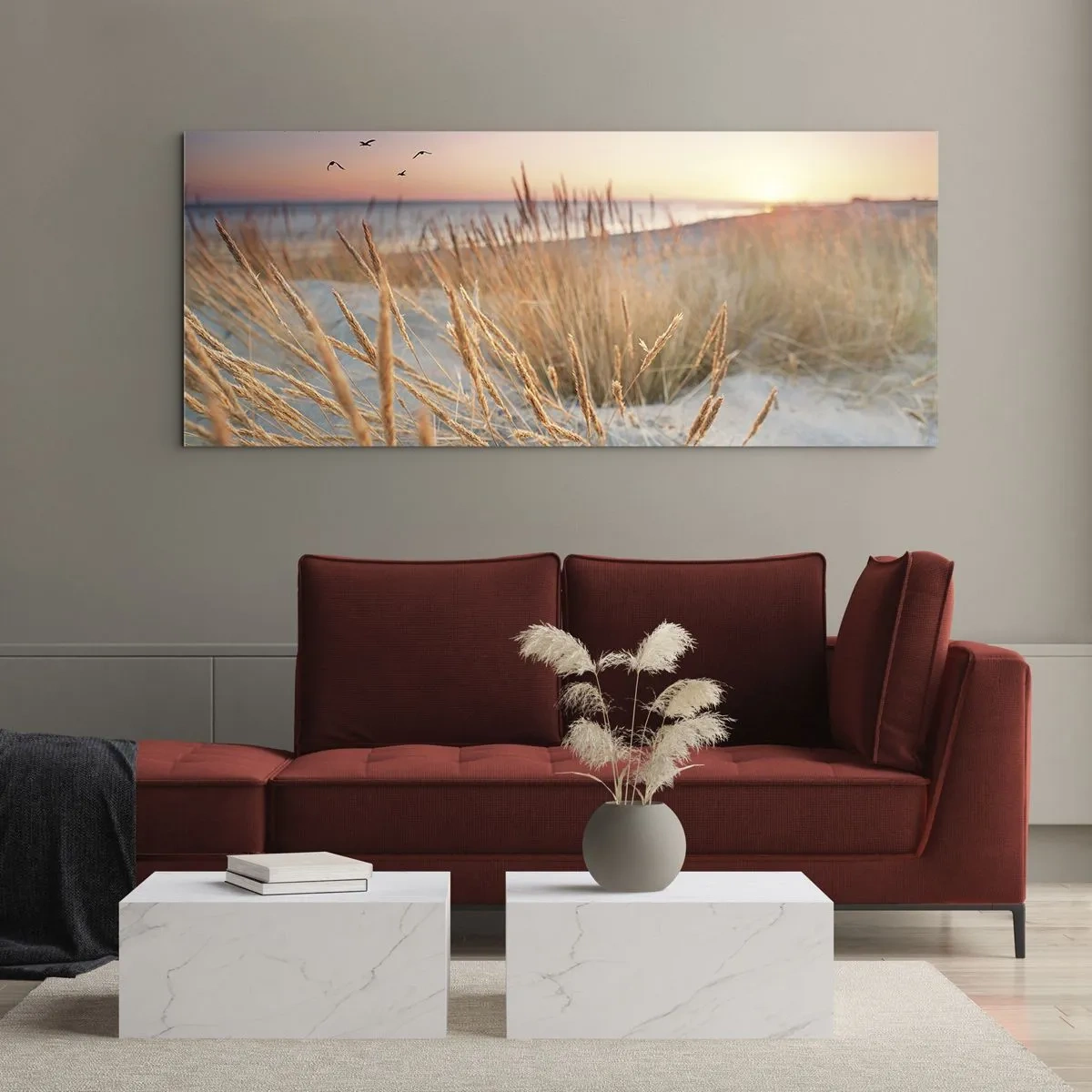 Cuadro sobre vidrio - Impresiones sobre Vidrio - Playa al atardecer con hierbas altas - 120x50cm - Dulce nana del Báltico - Decoración de pared moderna para salón y dormitorio ARTTOR