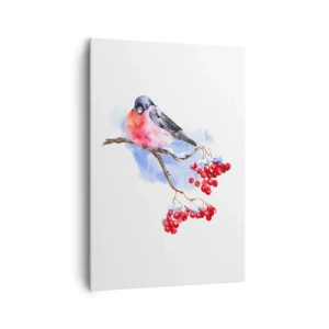 Cuadro sobre lienzo - Impresión de Imagen - Pájaro en una rama con frutos rojos en el fondo de acuarela - 70x100cm - Invierno en color - Decoración de pared moderna para salón y dormitorio ARTTOR