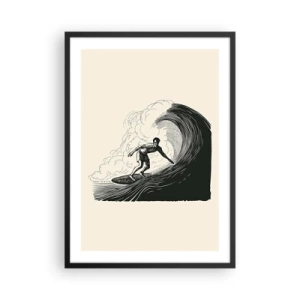Póster en marco negro - Gráfico retro de surfista sobre olas, composición en negro y crema - 50x70cm - Rey de la ola - Decoración de pared moderna para salón y dormitorio ARTTOR