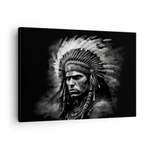 Cuadro sobre lienzo - Impresión de Imagen - Retrato de un jefe con un tocado de plumas sobre un fondo negro - 70x50cm - Líder y guerrero - Decoración de pared moderna para salón y dormitorio ARTTOR