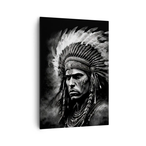 Cuadro sobre lienzo - Impresión de Imagen - Retrato de un jefe con un tocado de plumas sobre un fondo negro - 70x100cm - Líder y guerrero - Decoración de pared moderna para salón y dormitorio ARTTOR