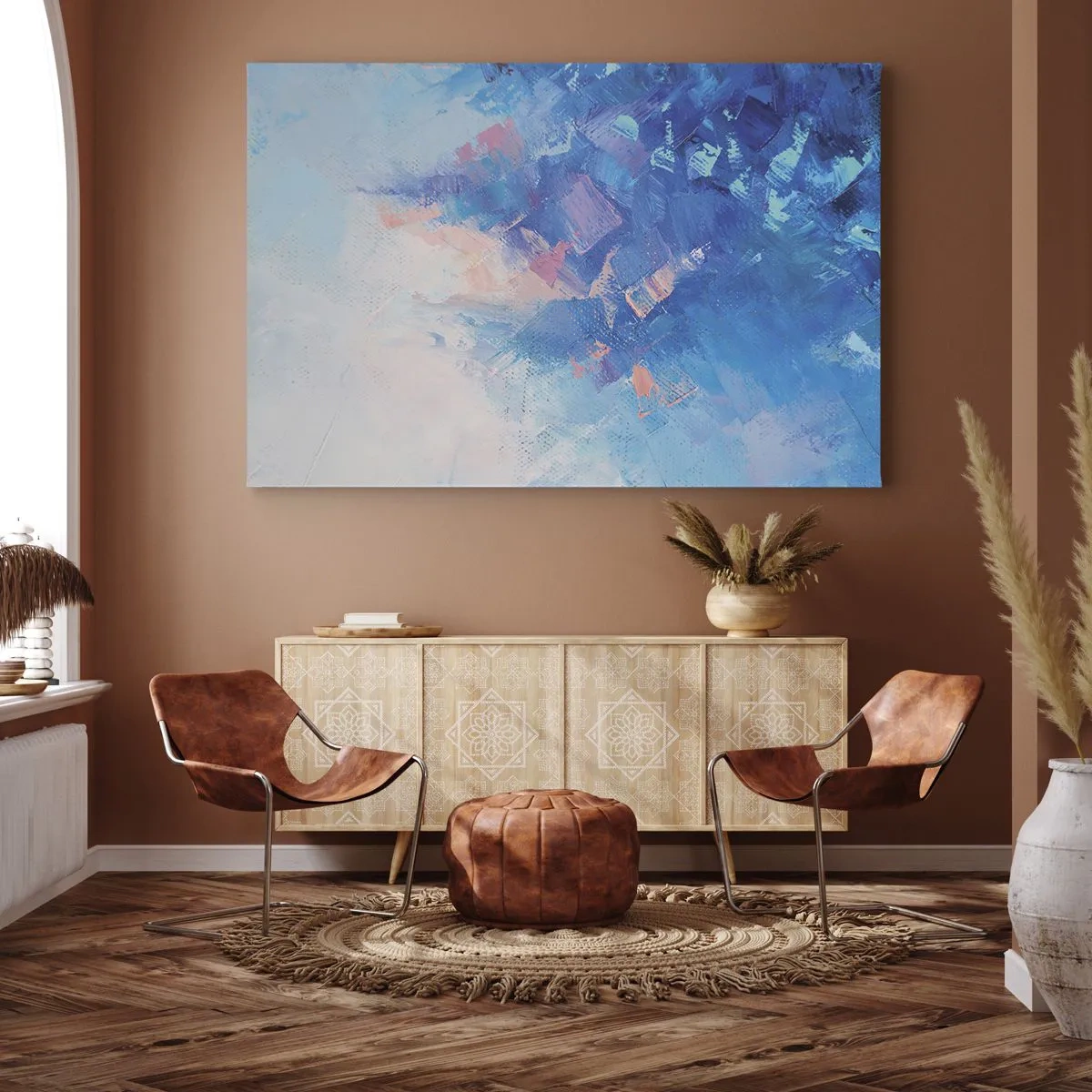 Cuadro sobre lienzo - Impresión de Imagen - Composición abstracta en tonos azules y rosas. - 70x50cm - Abstracción invernal - Decoración de pared moderna para salón y dormitorio ARTTOR