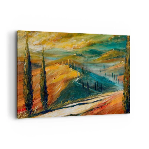 Cuadro sobre lienzo - Impresión de Imagen - Paisaje toscano con campos, camino y cipreses. - 120x80cm - Paisaje toscano - Decoración de pared moderna para salón y dormitorio ARTTOR