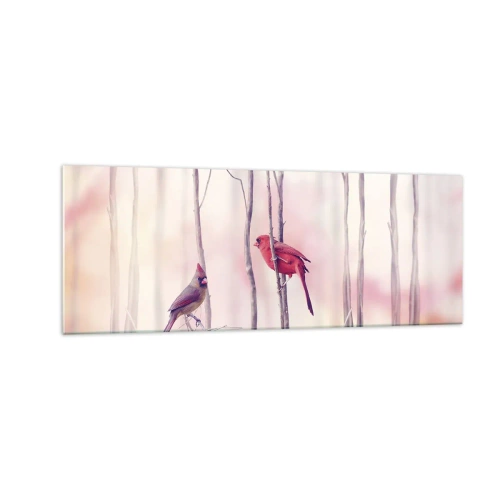 Cuadro sobre vidrio - Impresiones sobre Vidrio - Una pareja de cardenales posados en las ramas en un paisaje pastel. - 140x50cm - Historia de un bosque rosa - Decoración de pared moderna para salón y dormitorio ARTTOR